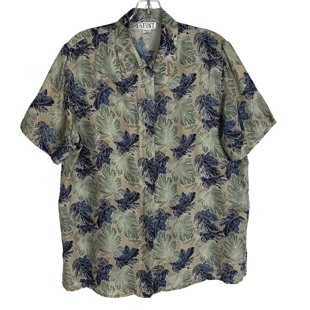 Stunt Vintage 90's Women's M Silk Retro Button Down Blue Leaf Print Shirt